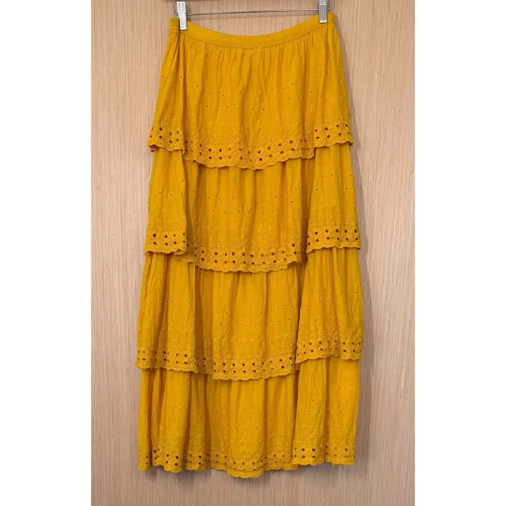 House Of Harlow 1960 Eyelet Tiered Maxi Skirt Size Medium Pull On Mustard Boho - Picture 4 of 11